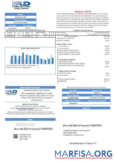 Printable USA Fallbrook Public business utility bill template in Word and PDF formats